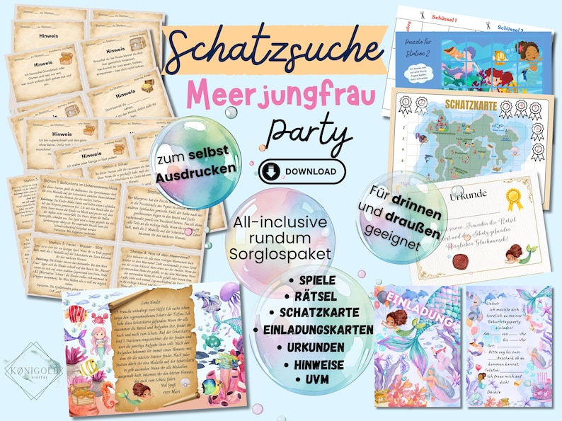 Puede incluir: Un kit de fiesta de sirena imprimible con un esquema de color azul, verde y rosa. El kit incluye juegos, rompecabezas, invitaciones, certificados e instrucciones. El texto en la imagen dice "Schatzsuche Meerjungfrau Party zum selbst Ausdrucken All-inclusive rundum Sorglospaket Spiele R&auml;tsel Schatzkarte Einladungskarten Urkunden Hinweise UVM".