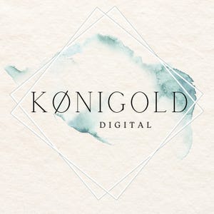 May include: A logo for a digital company called "K&Oslash;NIGOLD DIGITAL" with a blue watercolor background and a white diamond frame.