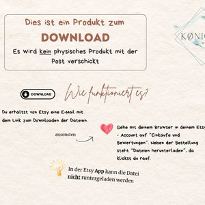 Puede incluir: Un gr&aacute;fico de producto de descarga digital con el texto "Dies ist ein Produkt zum DOWNLOAD Es wird kein physisches Produkt mit der Post verschickt" y "Wie funktioniert es?" con instrucciones sobre c&oacute;mo descargar el producto.