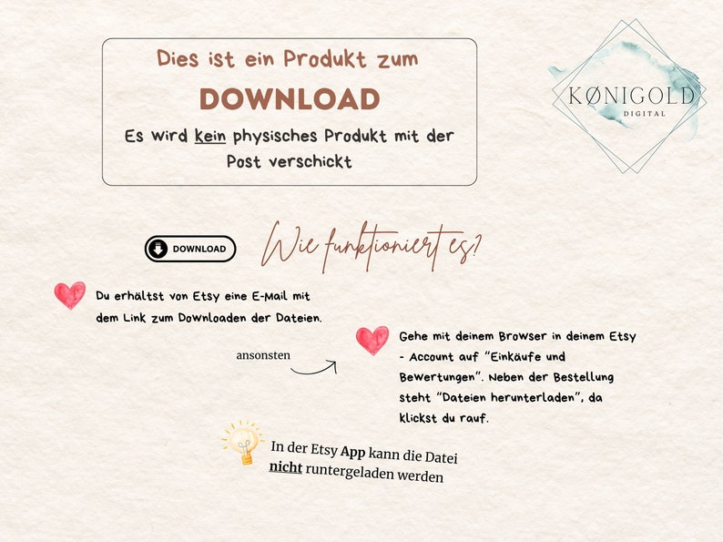 Puede incluir: Un gr&aacute;fico de producto de descarga digital con el texto "Dies ist ein Produkt zum DOWNLOAD Es wird kein physisches Produkt mit der Post verschickt" y "Wie funktioniert es?" con instrucciones sobre c&oacute;mo descargar el producto.