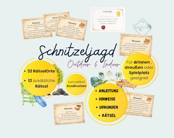 Schnitzeljagd Kinder, Schnitzeljagd für drinnen und draußen Spielplatz, Schatzsuche Kinder, Schnitzeljagd Ausdrucken, fertige Schatzsuche