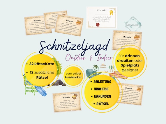 Schnitzeljagd Kinder, Schnitzeljagd für drinnen und draußen Spielplatz, Schatzsuche Kinder, Schnitzeljagd Ausdrucken, fertige Schatzsuche