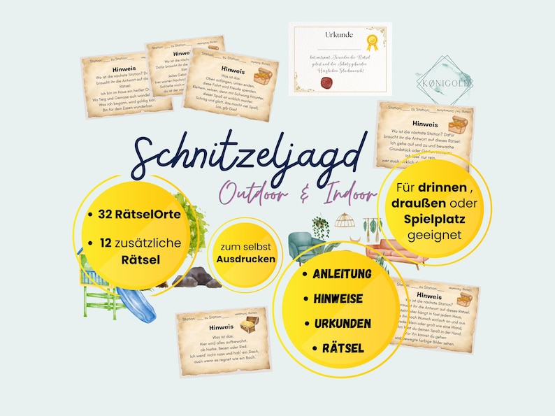 Schnitzeljagd für drinnen und draußen und Spielplatz, zum Ausrucken, mit 32 Rätselorten und 12 zusätzlichen Rätseln für Kinder 4-10 Jahre