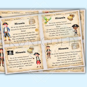 May include: Four colorful cards with pirate illustrations and text that reads "Station: to Station: Hinweis" and a riddle about the next station. The cards are on a brown background.