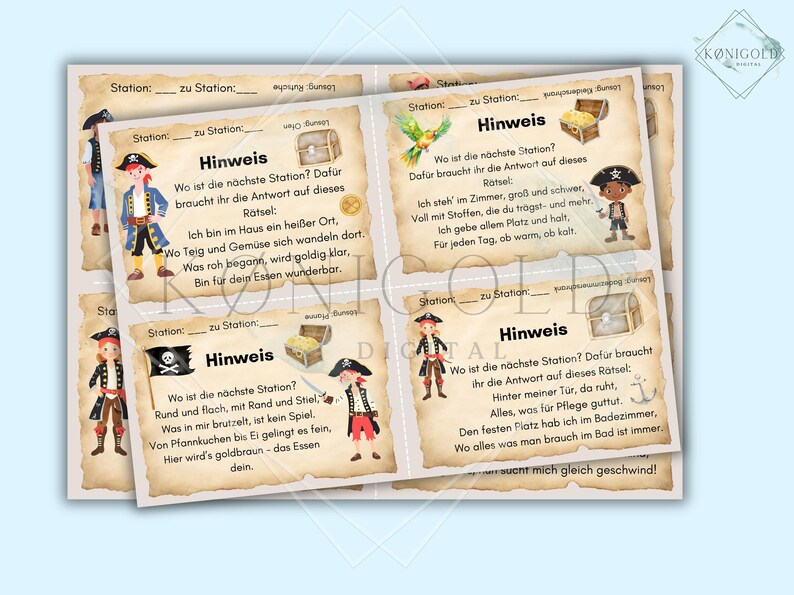 May include: Four colorful cards with pirate illustrations and text that reads "Station: to Station: Hinweis" and a riddle about the next station. The cards are on a brown background.