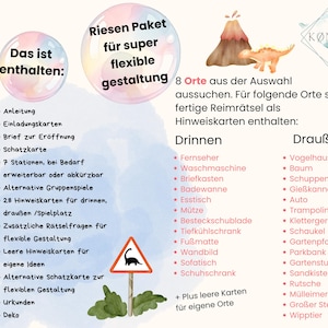 May include: A colourful illustration of a dinosaur with a volcano in the background. The text reads "Riesen Paket f&uuml;r super flexible Gestaltung 8 Orte aus der Auswahl aussuchen. F&uuml;r folgende Orte sind fertige Reimr&auml;tsel als Hinweiskarten enthalten: Drinnen Drau&szlig;en". The image lists items for a children's game.