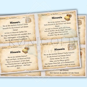 May include: Four brown and white cards with a treasure chest illustration and text that reads "Station: to Station: Hinweis" and a riddle. The riddles are about a kitchen, a bedroom, a kitchen, and a bathroom.