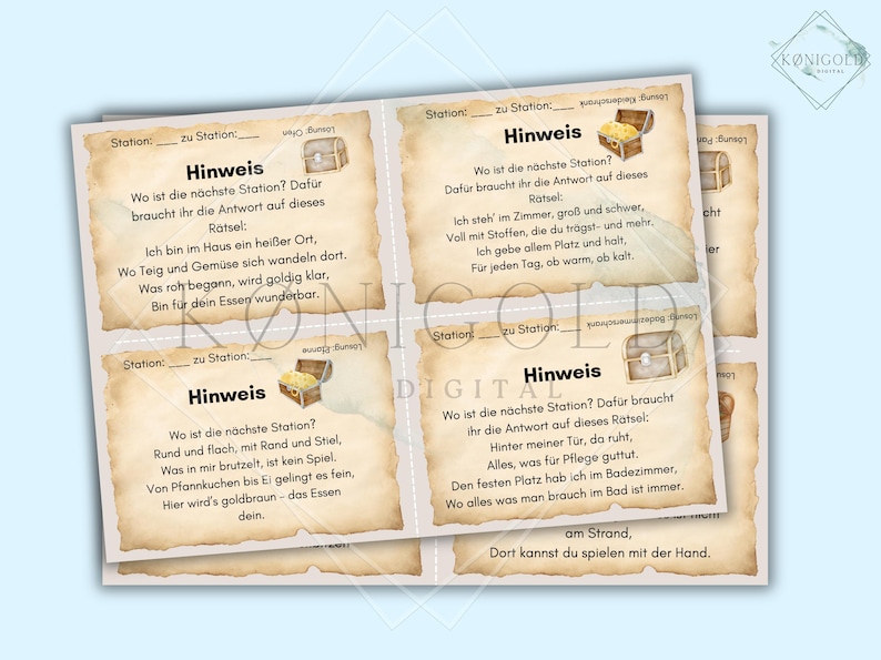 May include: Four brown and white cards with a treasure chest illustration and text that reads "Station: to Station: Hinweis" and a riddle. The riddles are about a kitchen, a bedroom, a kitchen, and a bathroom.