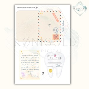 May include: A printable tooth fairy certificate and envelope set. The envelope has a postage stamp design and the words "Air Mail" and "For". The certificate is shaped like a tooth and has text in German.