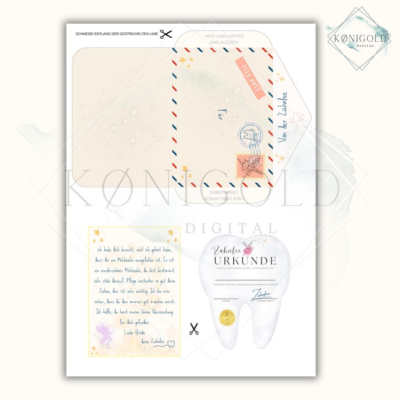 May include: A printable tooth fairy certificate and envelope set. The envelope has a postage stamp design and the words "Air Mail" and "For". The certificate is shaped like a tooth and has text in German.