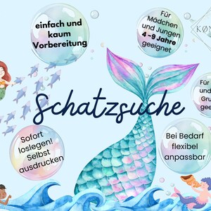 Peut inclure: Un jeu de chasse au tr&eacute;sor sur le th&egrave;me de la sir&egrave;ne &agrave; imprimer pour les enfants de 4 &agrave; 9 ans. Le jeu pr&eacute;sente une queue de sir&egrave;ne, des coquillages et des poissons. Le texte sur l'image est "Schatzsuche", "einfach und kaum Vorbereitung", "Sofort loslegen! Selbst ausdrucken", "F&uuml;r M&auml;dchen und Jungen 4-9 Jahre geeignet", "F&uuml;r gro&szlig;e und kleine Gruppen geeignet", "Bei Bedarf flexibel anpassbar", et "K&Ouml;NIGOLD DIGITAL".