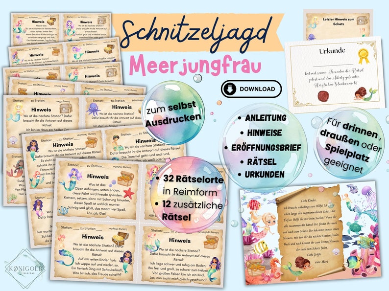 Schnitzeljagd für Kinder Thema Meerjungfrau für drinnen, Draußen oder Spielplatz zum Ausdrucken. Fertige Rätsel und Hinweiskarten. Mit Urkunden und Eröffnungsbrief. Für Kinder von 4-9 Jahren