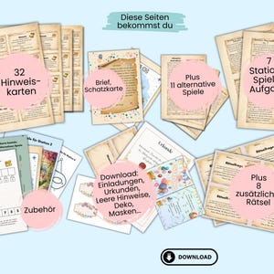 May include: A digital download for a scavenger hunt party includes 32 clue cards, a treasure map, 7 game stations, 11 alternative games, 8 additional riddles, and printable accessories. The download includes invitations, certificates, blank clues, decorations, and masks.
