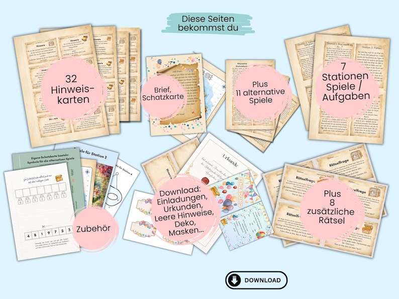 May include: A digital download for a scavenger hunt party includes 32 clue cards, a treasure map, 7 game stations, 11 alternative games, 8 additional riddles, and printable accessories. The download includes invitations, certificates, blank clues, decorations, and masks.