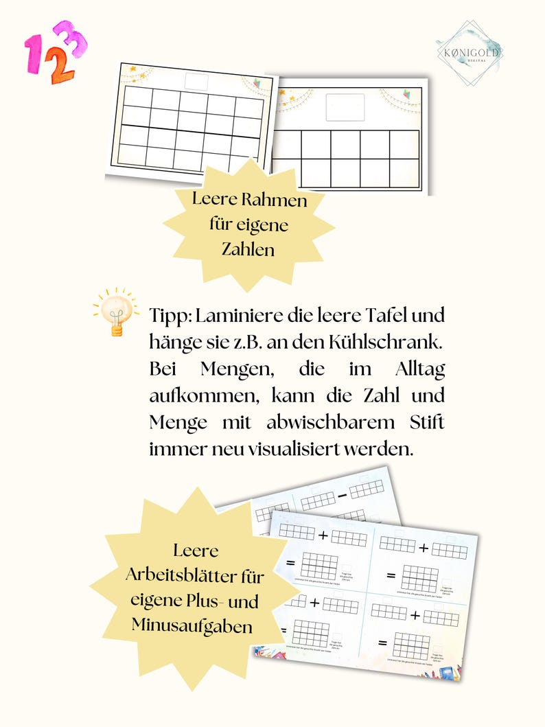 May include: Two printable worksheets for kids to practice math. The first worksheet is a blank grid for counting and the second worksheet has grids for addition and subtraction problems.