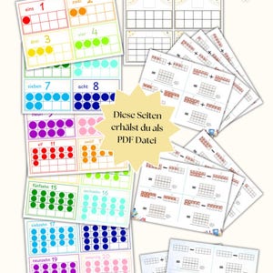 May include: A set of printable worksheets for teaching counting and math. The worksheets feature colorful circles representing numbers 1 through 20. Each worksheet has a grid with a number at the top and the corresponding number of circles filled in. The worksheets also include blank grids for students to practice counting and adding.