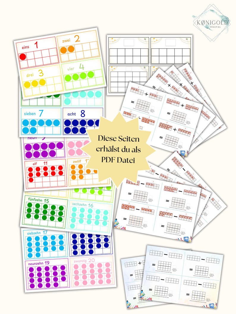 May include: A set of printable worksheets for teaching counting and math. The worksheets feature colorful circles representing numbers 1 through 20. Each worksheet has a grid with a number at the top and the corresponding number of circles filled in. The worksheets also include blank grids for students to practice counting and adding.
