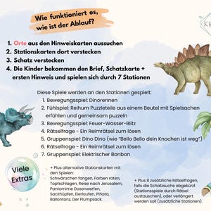 May include: A colourful illustration of a dinosaur game for children. The game includes 7 stations with different activities, such as a dinosaur race, a puzzle game, and a riddle game. The illustration also includes a treasure map, a treasure chest, and a variety of other fun elements.