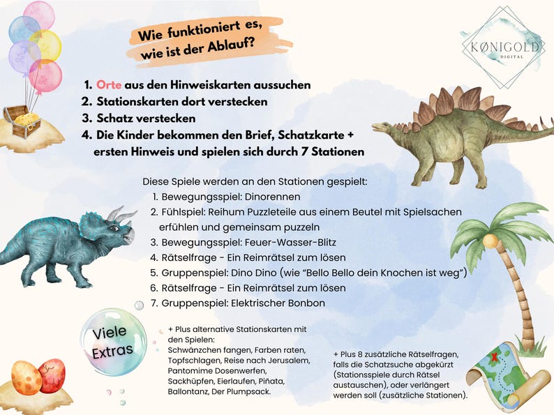 May include: A colourful illustration of a dinosaur game for children. The game includes 7 stations with different activities, such as a dinosaur race, a puzzle game, and a riddle game. The illustration also includes a treasure map, a treasure chest, and a variety of other fun elements.