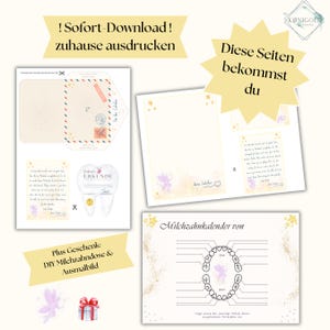 May include: A digital download featuring a tooth fairy theme. Includes printable pages with text in German, a tooth chart, a certificate, and a gift box graphic. The text includes "! Sofort-Download!" and "Diese Seiten bekommst du."