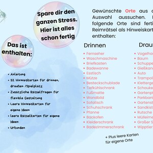 May include: A colorful illustration of a game for kids. The image shows a list of items to be included in the game, such as a TV, a bathtub, a tree, and a swing set. The text reads "Das ist enthalten" which translates to "This is included".