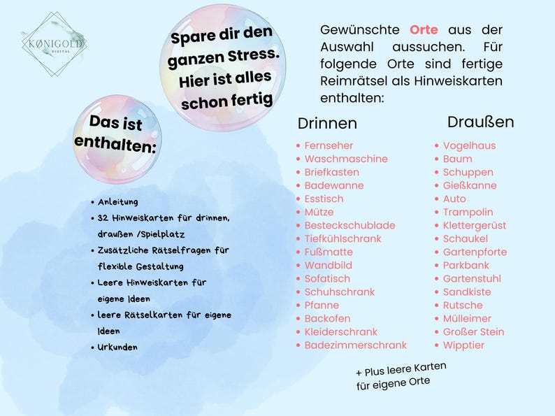 May include: A colorful illustration of a game for kids. The image shows a list of items to be included in the game, such as a TV, a bathtub, a tree, and a swing set. The text reads "Das ist enthalten" which translates to "This is included".