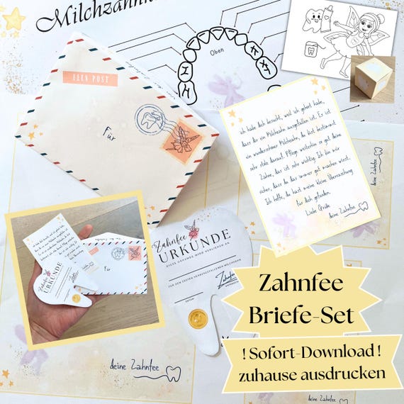 Zahnfee Brief zum Ausdrucken, Zahnfee Brief Vorlage Download, Zahnfee Geschenk basteln, erster Wackelzahn Zahnfee Geschenk, Zahnfee Set PDF