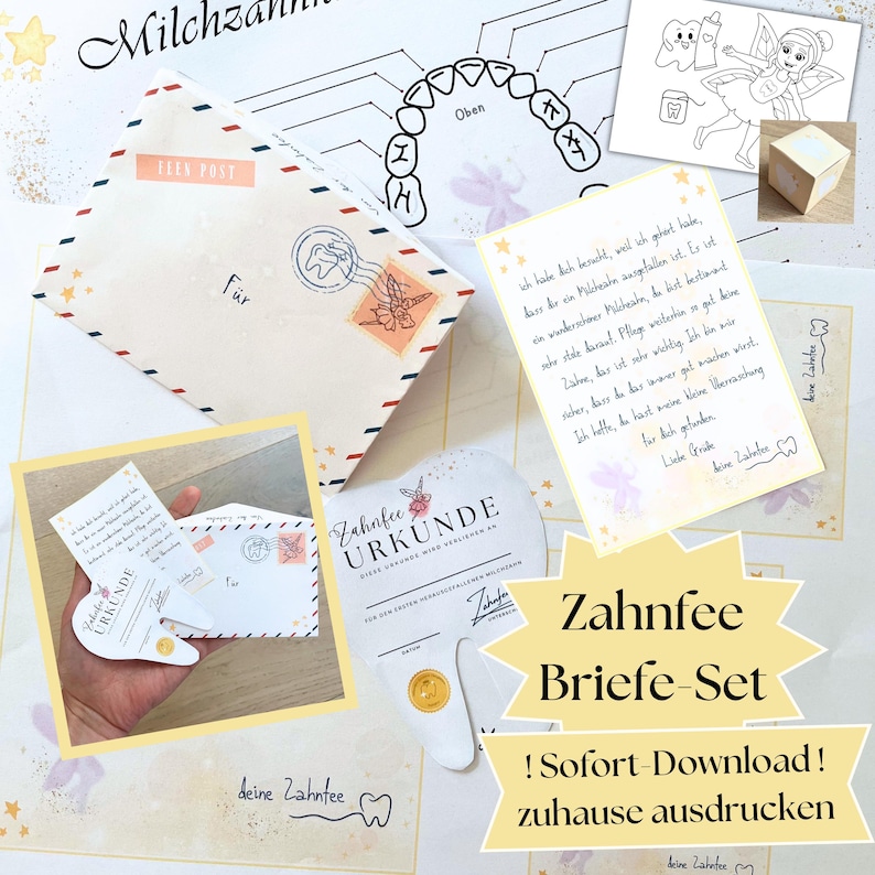 Zahnfee Briefe Set zum Ausdrucken . Zahnfee Briefumschlag, Urkunde, Milchzahnkalender