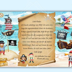 May include: A vintage-style scroll with a pirate theme, featuring a message for children to help find a treasure. The scroll is decorated with illustrations of pirates, ships, and a parrot.