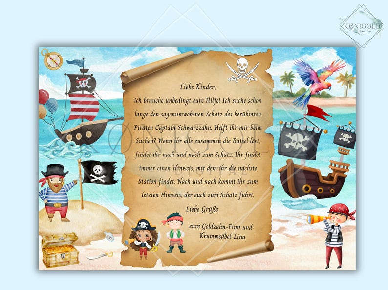 May include: A vintage-style scroll with a pirate theme, featuring a message for children to help find a treasure. The scroll is decorated with illustrations of pirates, ships, and a parrot.