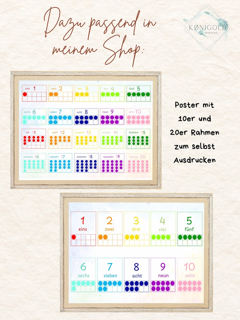May include: Two printable posters with colorful number charts for teaching counting. The first poster shows numbers 1-20 with dots in each box. The second poster shows numbers 1-10 with dots in each box and the German words for each number. The text on the poster says "Poster mit 10er und 20er Rahmen zum selbst Ausdrucken".