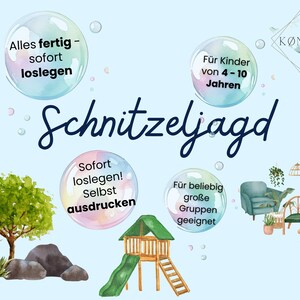 May include: A colorful printable scavenger hunt game for kids ages 4-10. The game is called "Schnitzeljagd" and is ready to print and play. The game is suitable for large groups.