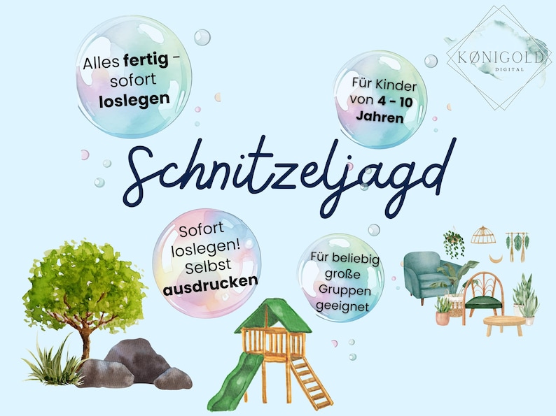 May include: A colorful printable scavenger hunt game for kids ages 4-10. The game is called "Schnitzeljagd" and is ready to print and play. The game is suitable for large groups.