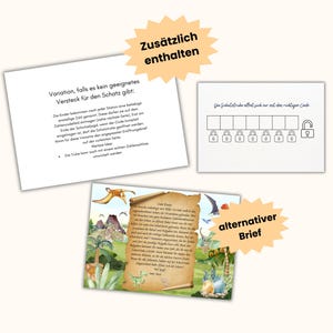 May include: A printable set of instructions for a dinosaur-themed treasure hunt. The instructions include a variation for hiding the treasure if there is no suitable hiding spot. The instructions also include a code-based lock and key system for the treasure chest.