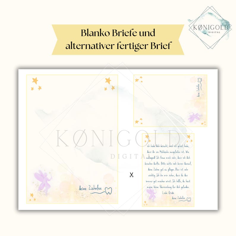 May include: A set of stationery with a whimsical design. The stationery includes blank letter sheets and a pre-written letter, featuring a fairy and star illustrations. The text "Blanko Briefe und alternativer fertiger Brief" is displayed at the top.