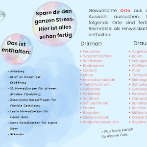 May include: A pink and blue illustrated guide with the text "Das ist enthalten" and "Spare dir den ganzen Stress. Hier ist alles schon fertig."  The guide lists items included in a scavenger hunt game, such as instructions, a letter to the kids, 32 clue cards, and blank cards for creating custom clues.