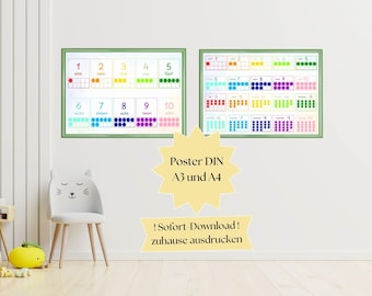 May include: Two colorful posters with a green border, showing numbers 1 through 10 with corresponding German words and dots. The posters are labeled "Poster DIN A3 und A4" and "! Sofort-Download! zuhause ausdrucken".