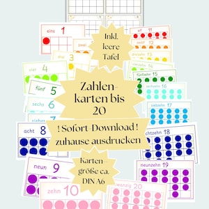 May include: A set of 20 printable number cards for kids. Each card features a number from 1 to 20 with corresponding colored dots. The cards are designed to help children learn to count and recognize numbers. The cards are approximately DIN A6 size.
