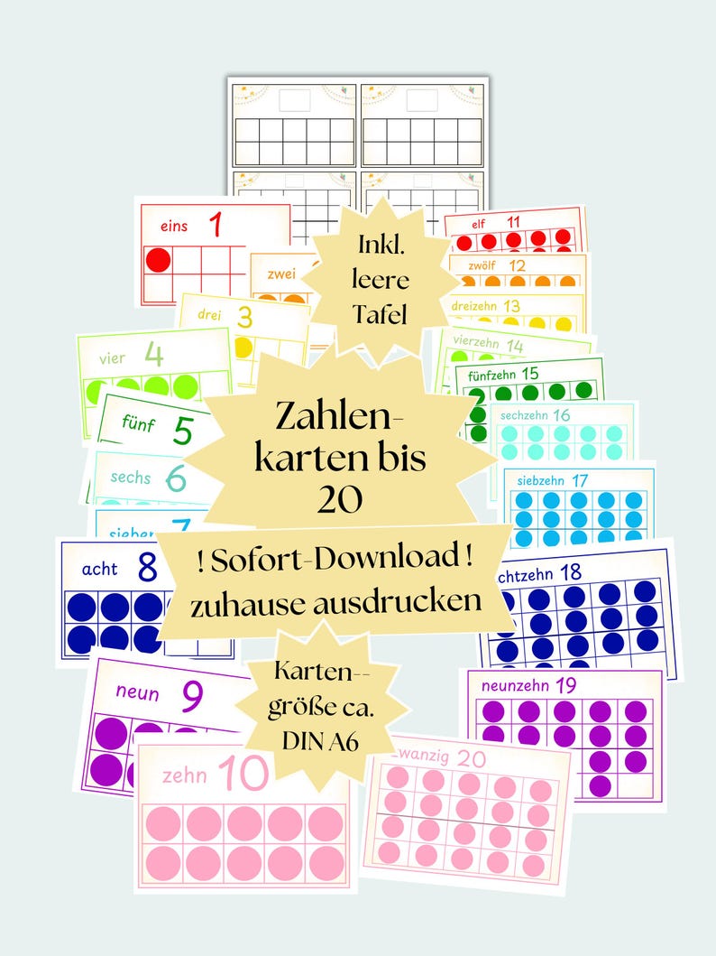 May include: A set of 20 printable number cards for kids. Each card features a number from 1 to 20 with corresponding colored dots. The cards are designed to help children learn to count and recognize numbers. The cards are approximately DIN A6 size.