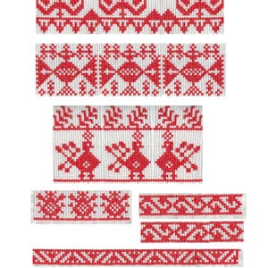 May include: A collection of red and white embroidered fabric strips. The designs include geometric patterns, floral motifs, and stylized bird figures. The embroidery is detailed and appears to be hand-stitched, showcasing traditional craftsmanship.