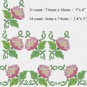 Pode incluir: Padrão de ponto cruz com flores cor-de-rosa, folhas e videiras verdes. O padrão está disponível em dois tamanhos: 7,6 cm x 10 cm (11 pontos) e 6 cm x 7,6 cm (14 pontos).
