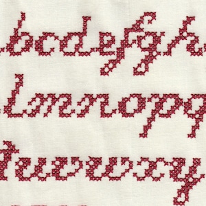 Può includere: Lettere dell'alfabeto ricamate in rosso su uno sfondo di tessuto bianco. Le lettere sono cucite con un semplice motivo a punto croce.