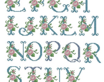 Crossstitch for Machine Embroidery Upper Case Monogram Roses on Blue