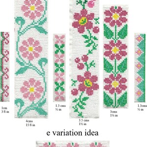 Puede incluir: Un conjunto de seis diseños de bordado de punto de cruz con motivos florales en rosa, verde y blanco. Los diseños están etiquetados con las letras a a f e incluyen medidas en pulgadas y centímetros. Los diseños se titulan "Elegance Design 13".