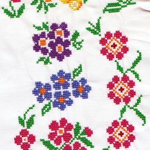 Puede incluir: Una tela blanca con flores bordadas de colores. Las flores son en tonos de rosa, rojo, morado, azul, naranja y amarillo. Las flores están rodeadas de hojas verdes.