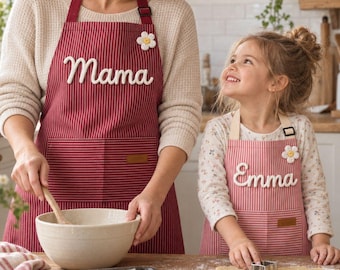 Personalized Family Baking Apron, Mommy and Me Set, Custom Kids Apron, Striped 3D Yarn Cooking Smock, Grandma Baking Gift, Christmas Gifts