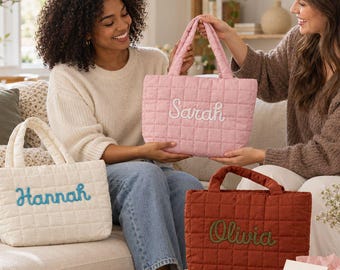 Custom Embroidered Tote Bag, Personalized Quilted Shoulder Bag for Women, Everyday Work Bag Birthday Gift for Her Coworker Gift