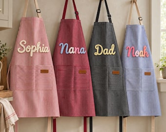 Custom Kids Apron, Personalized Mommy and Me Apron Set, Personalized Baking Smock, Striped 3D Yarn Cooking Apron, Grandma Baking Gifts