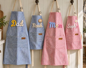 Mommy and Me Apron Set, Personalized Striped 3D Yarn Cooking Apron, Personalized Kids Apron, Custom Baking Smock, Grandma Baking Gifts