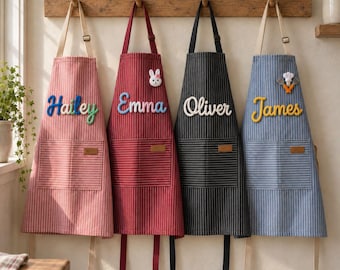 Personalized Kids Baking Apron, Striped 3D Yarn Cooking Smock, Mommy and Me Set, Grandma Baking Gift, Christmas Gifts